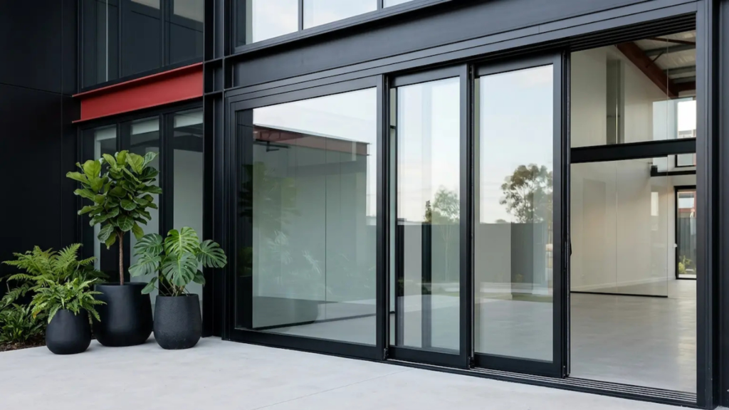 Telescopic door installation on a contemporary commercial building exterior in London