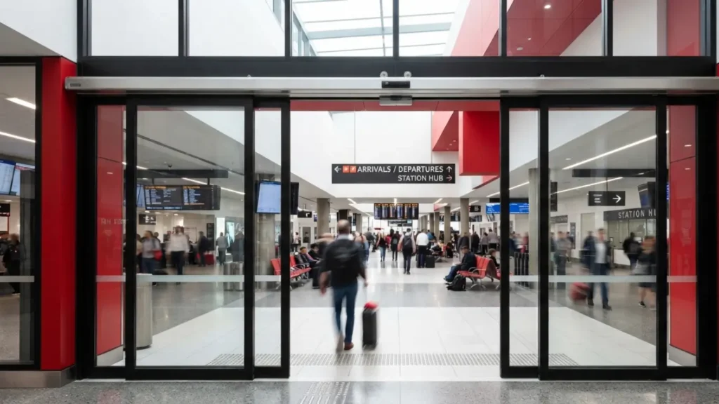 Telescopic sliding door maintenance at a high-footfall transport hub with automatic sensor system