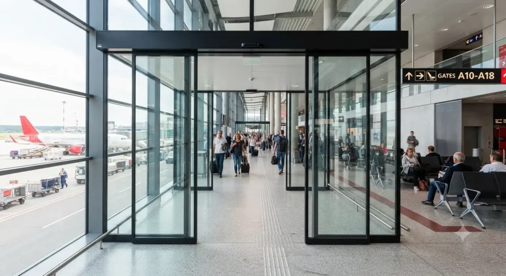 Telescopic door system in a high-footfall public building terminal requiring specialist repair and servicing